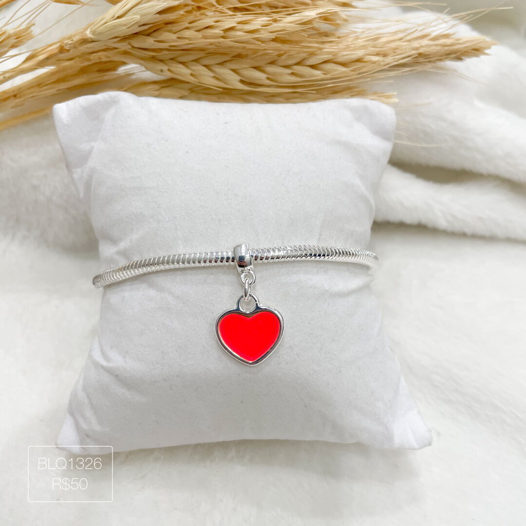 Berloque Coração G Laranja Neon Pendurado Esmaltado Prateado